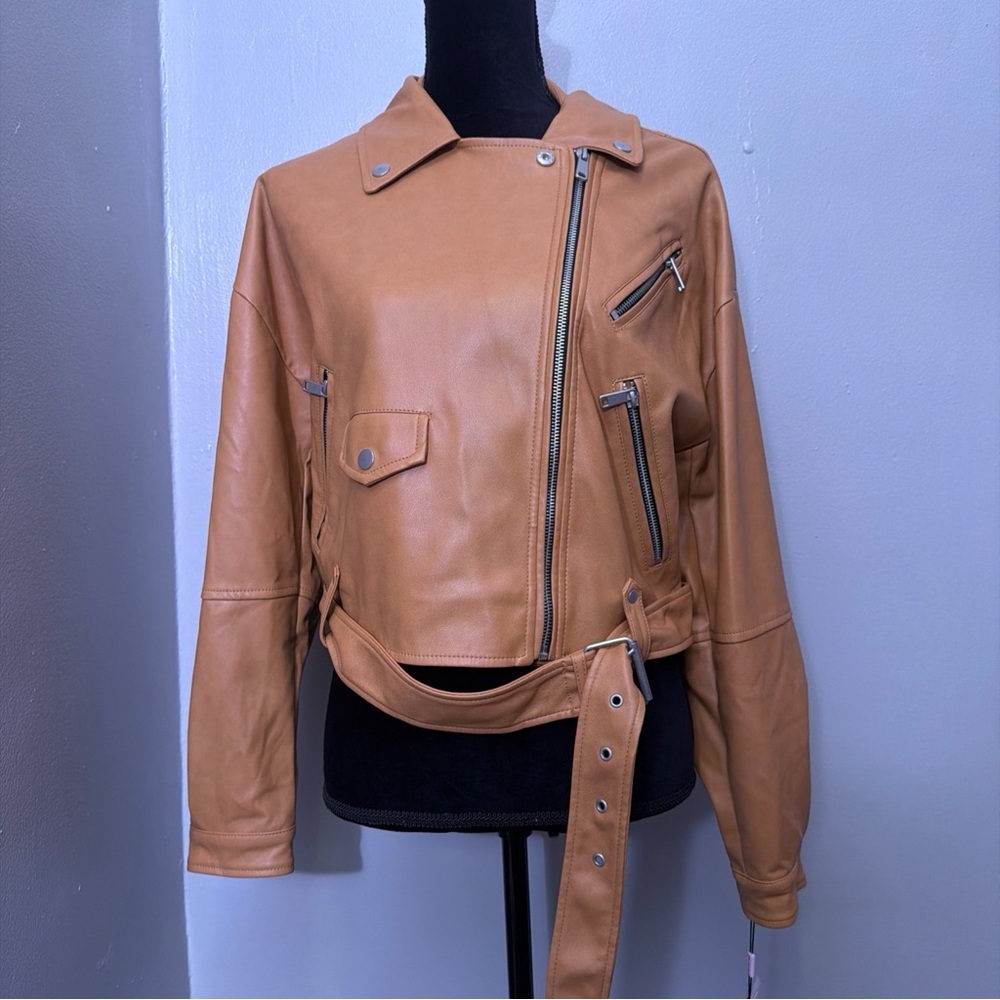 Women's Avec Les Filles Jacket – Camel synthetic leather biker style - Picture 5 of 12